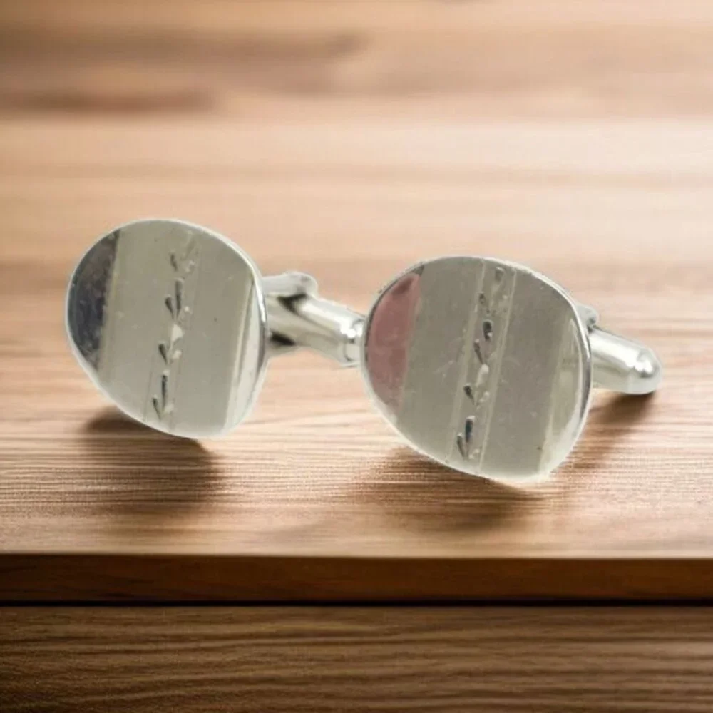 Shields Silvertone Etched Cufflinks Rectangle Men Vintage MCM Jewelry Accessory